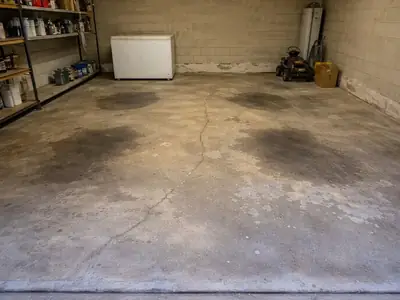 Stained, cracked bare garage slab before any coating, Cincinnati